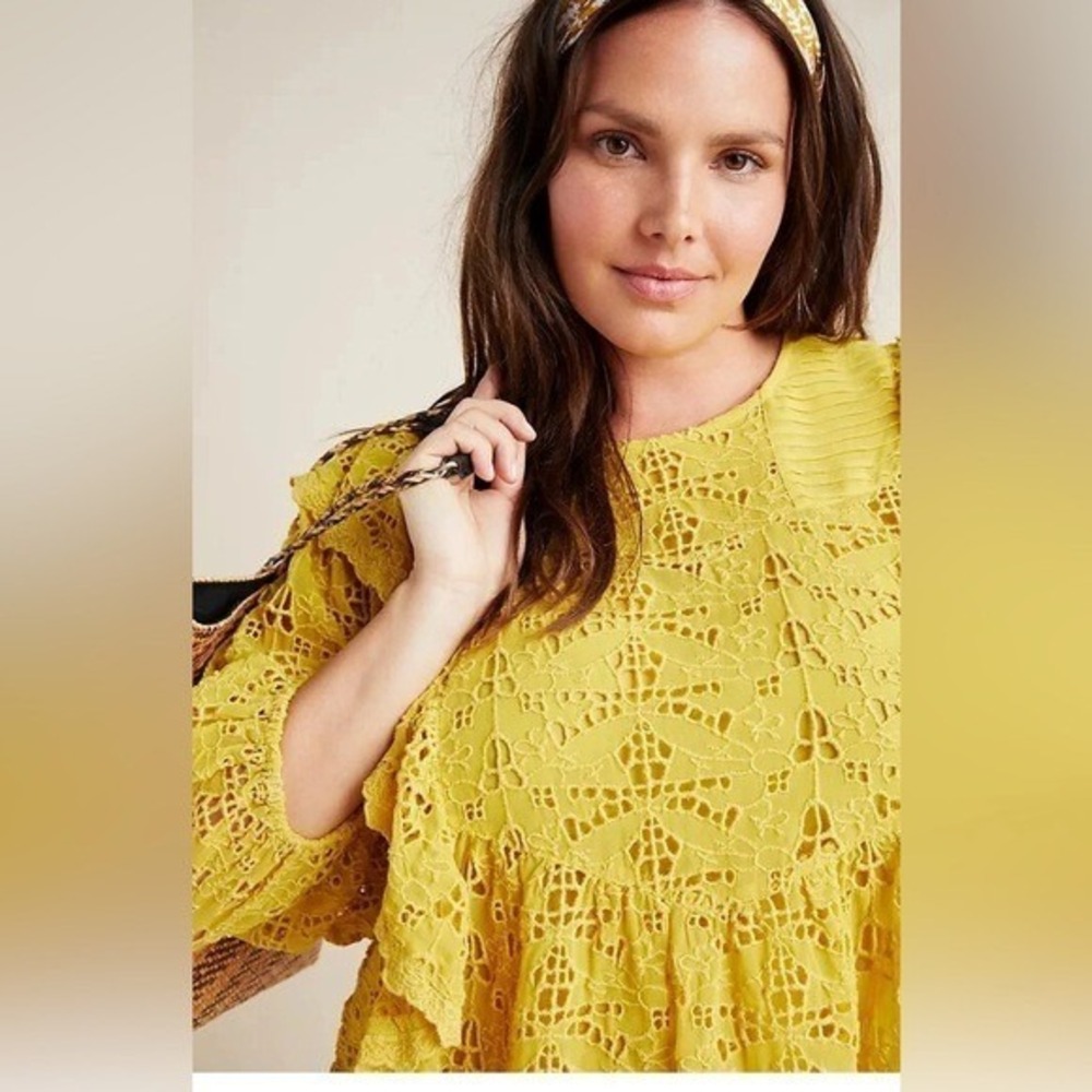 Anthropologie Mustard Yellow Eyelet Lace Ruffle Blouse Top US 4 UK 8 EU 36
